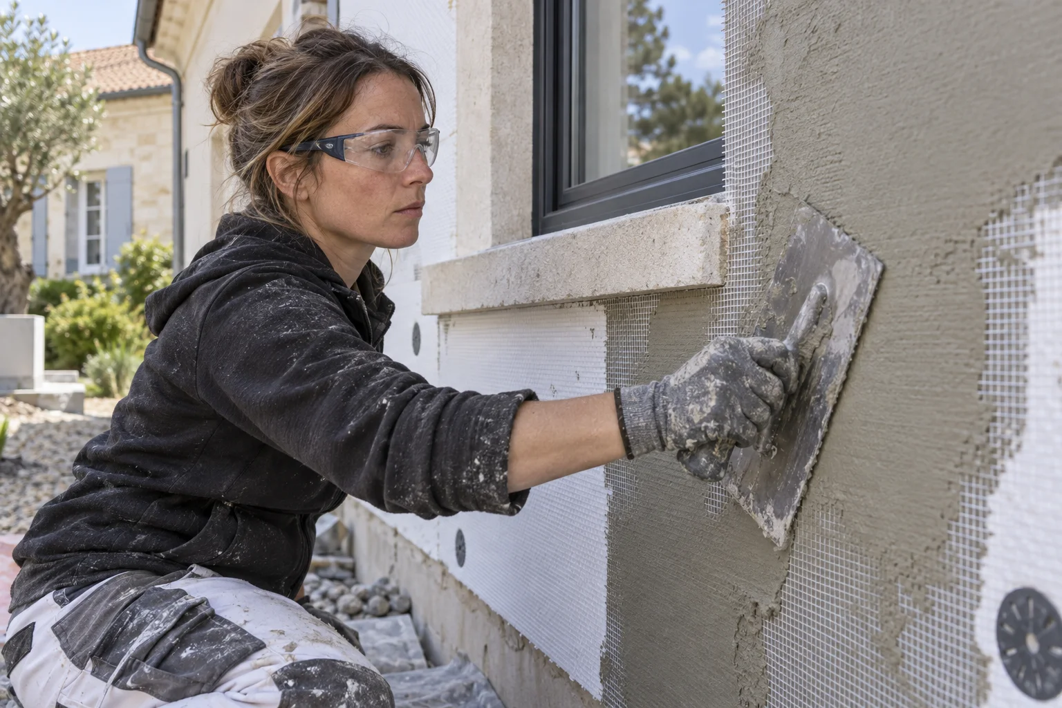 Illustration générée : application d’enduit sur une façade.