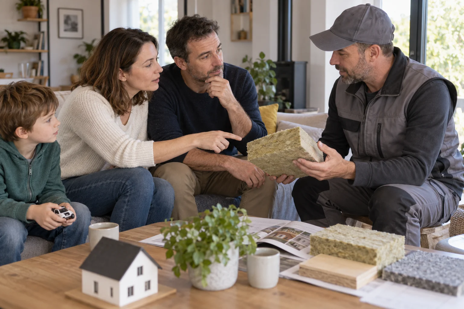 Une famille échange avec un professionnel sur un échantillon d’isolant.