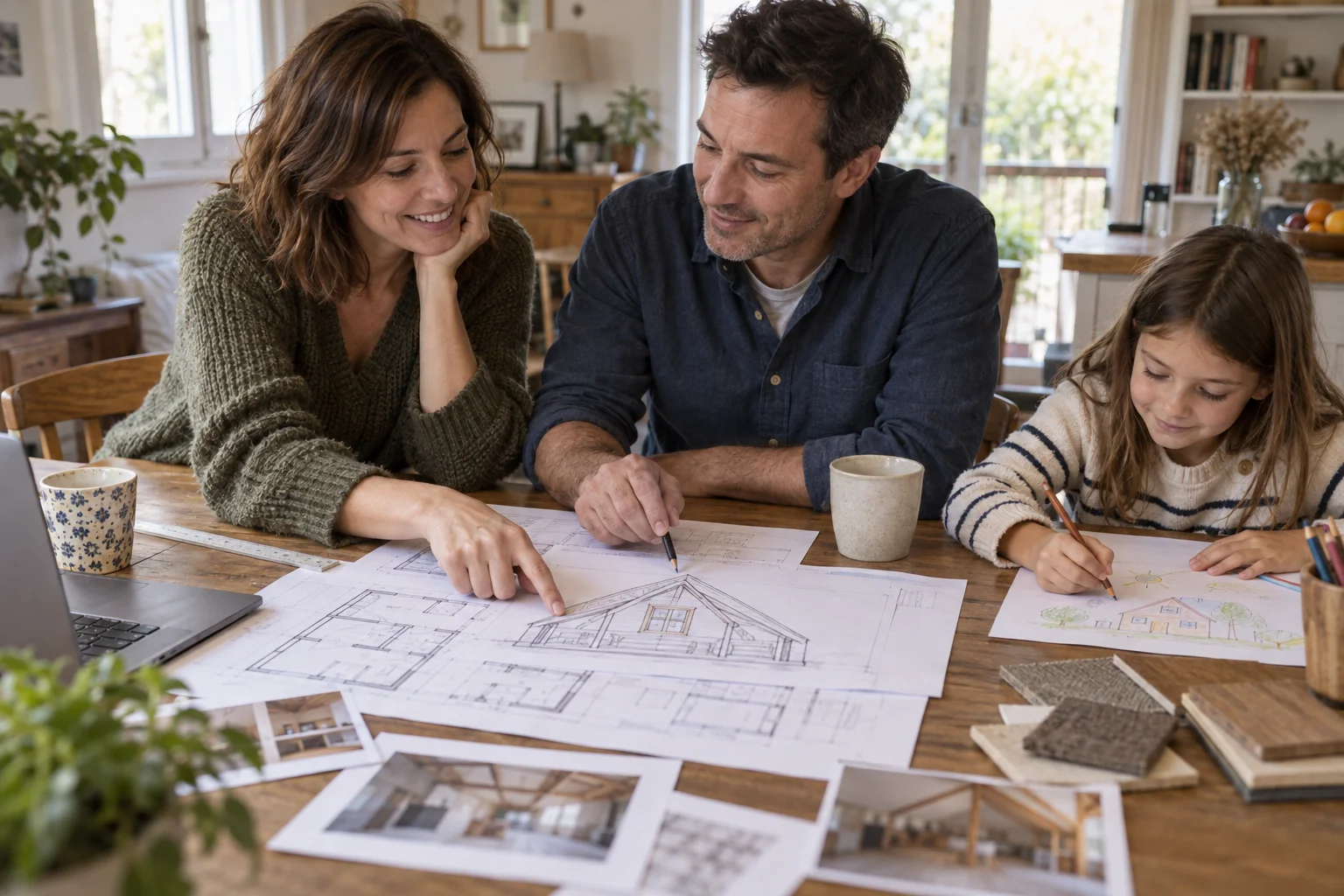 Une famille prépare son projet de rénovation autour d’un plan de maison.
